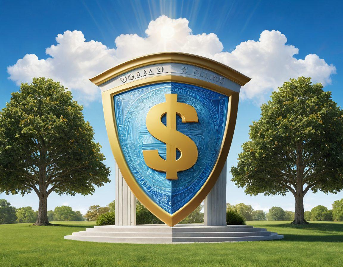 An illustration of a protective shield shaped like a dollar sign, symbolizing financial security, resting over a diverse group of happy consumers and credit union buildings. In the background, a serene landscape with trees and a bright blue sky to represent stability and safety. Light rays shining down to convey hope and trust. super-realistic. vibrant colors. white background.