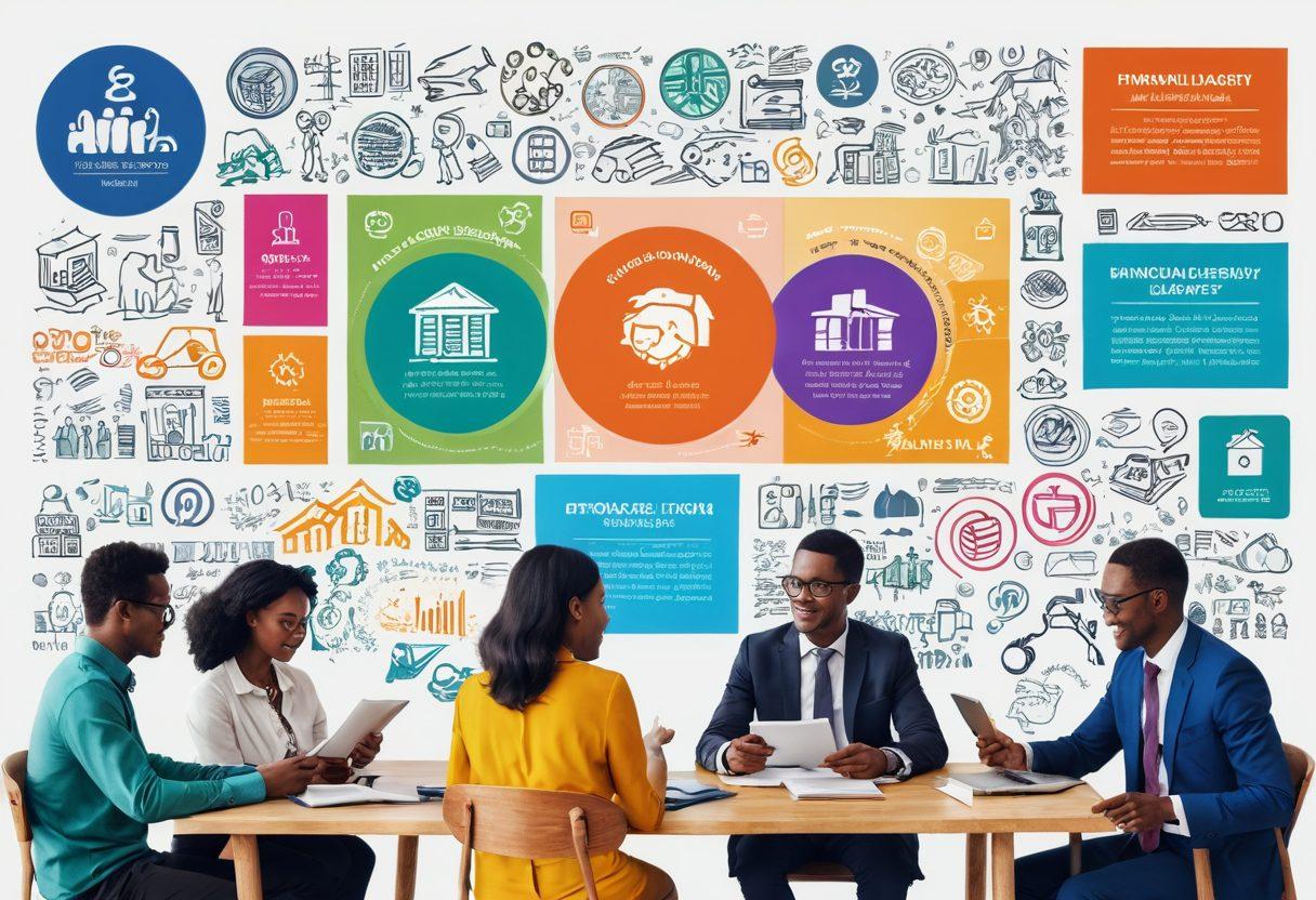 A dynamic collage depicting financial literacy and consumer rights, featuring a diverse group of people engaged in discussions about cooperative banking, surrounded by symbols of money, books, and technology. Include elements like a bright classroom setting with infographics on the walls, a digital screen displaying financial statistics, and warm, inviting colors to encourage a sense of community and learning. super-realistic. vibrant colors. modern aesthetic.